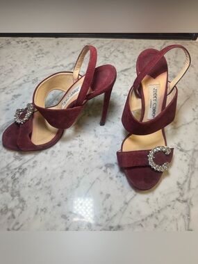 JIMMY CHOO Size SAPHIE Burgundy Suede Crystal Heels Sandals Shoes EU 37 US 7